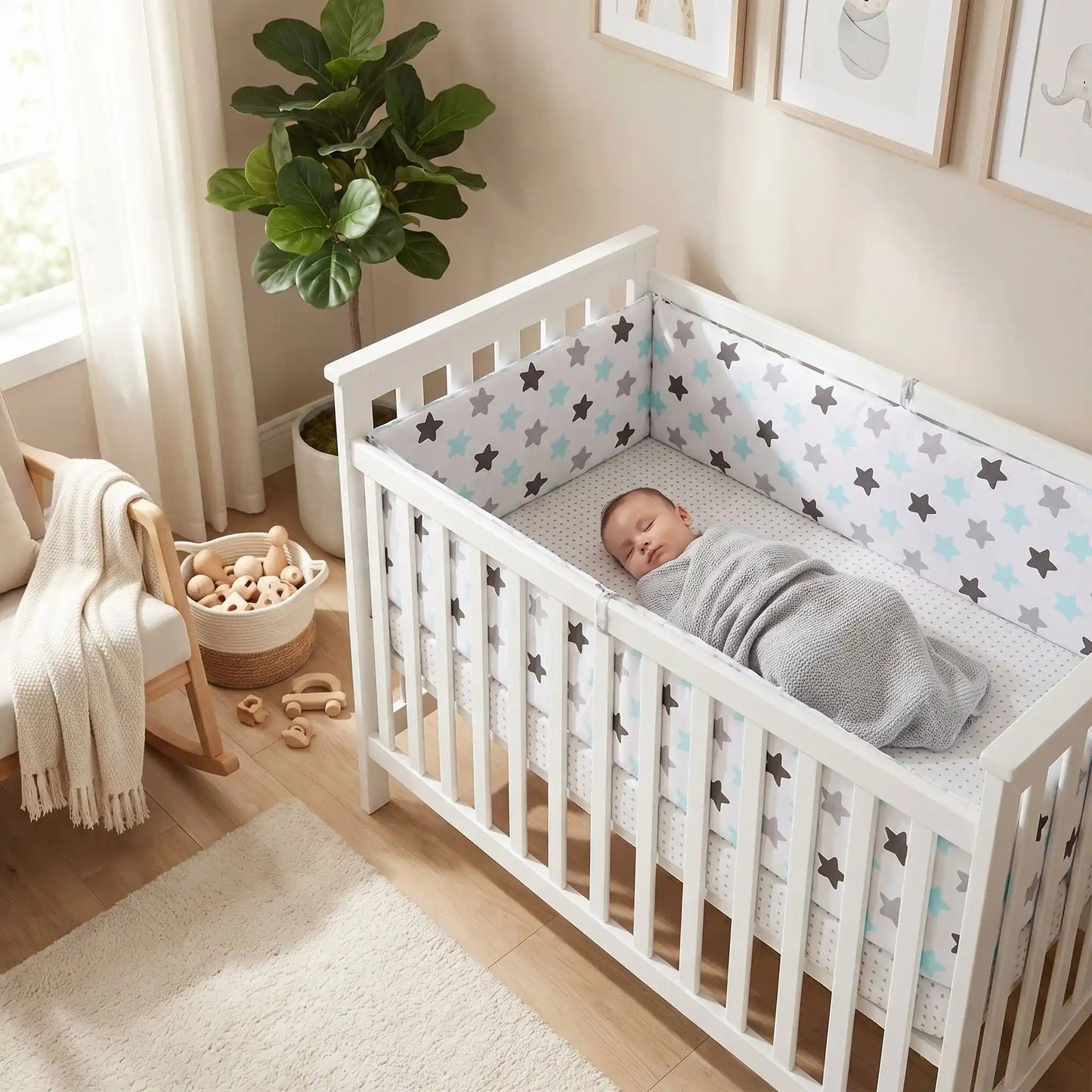 Tour de lit bébé | Blanc avec étoiles colorées - Pare - chocs une pièce 200 cm x 30 cm - L'Univers de Babychou