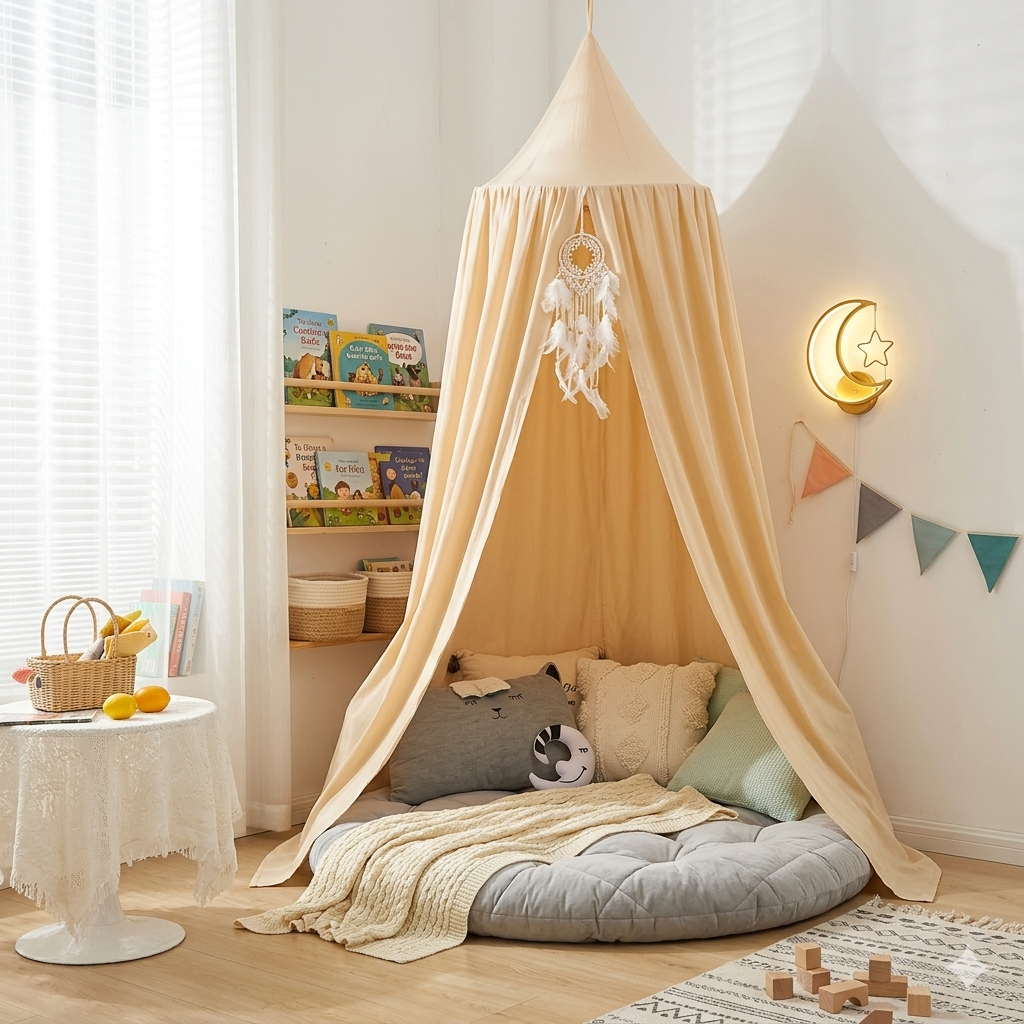 ciel de lit beige dans une chambre d'enfant
