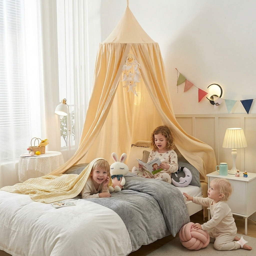 ciel de lit beige et enfants