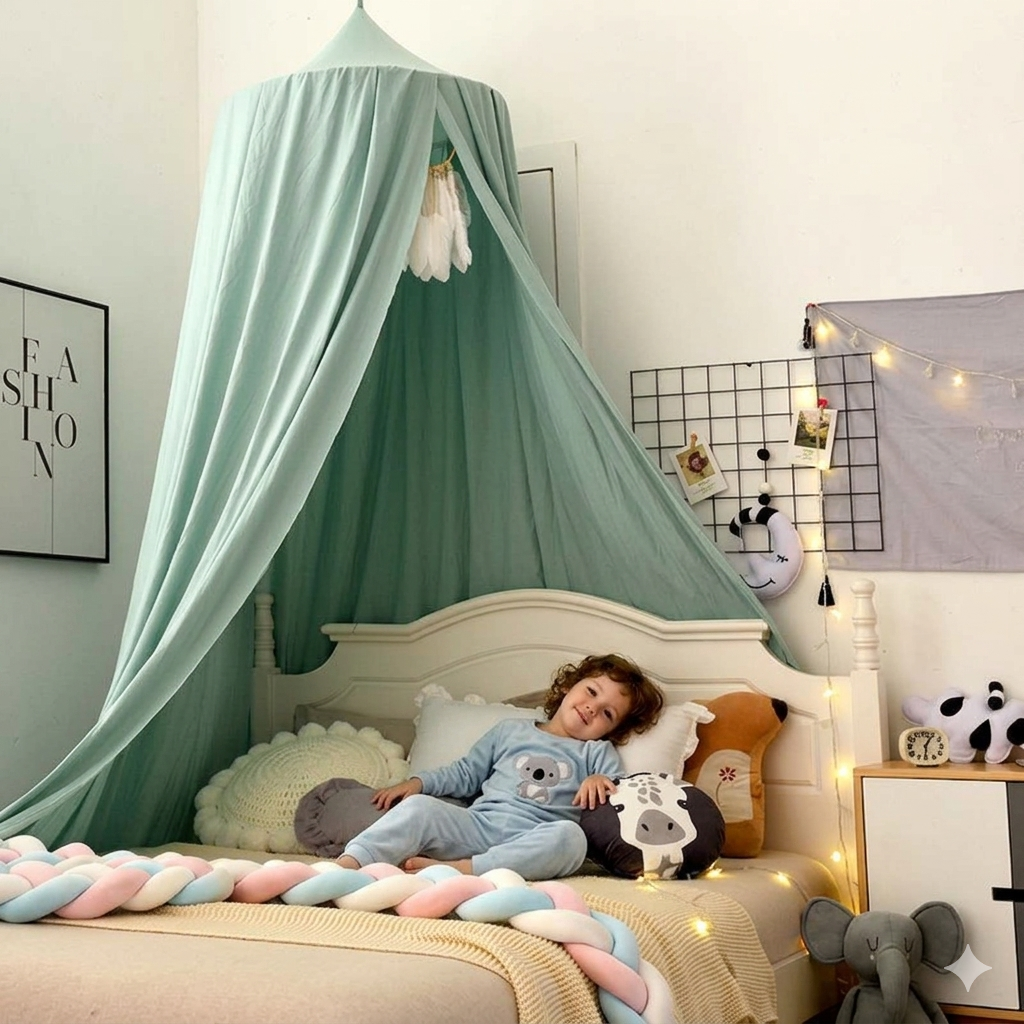 ciel de lit vert avec enfant