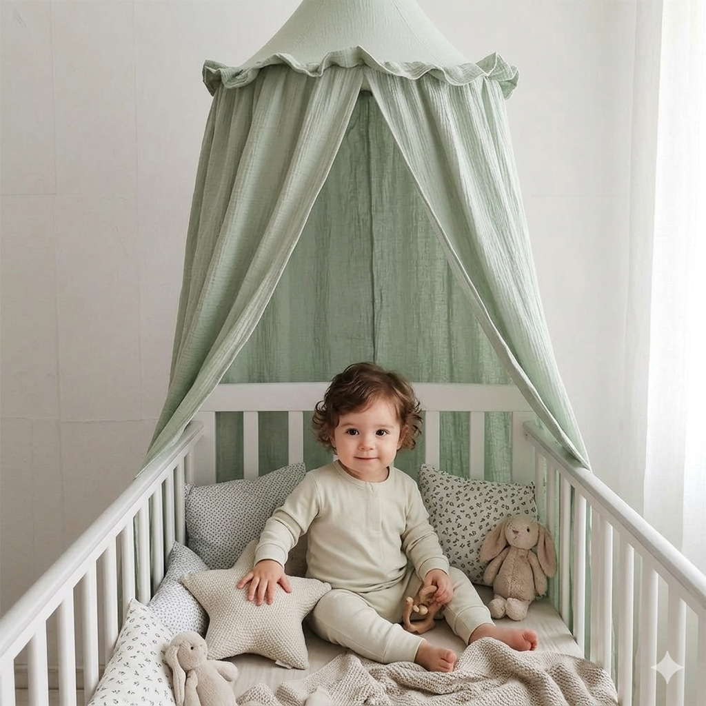 ciel de lit vert coton baldaquin enfant