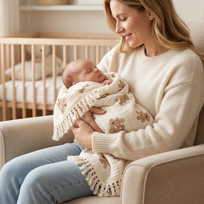 couverture bébé mon ourson mousseline ultra douce avec bébé dans les bras