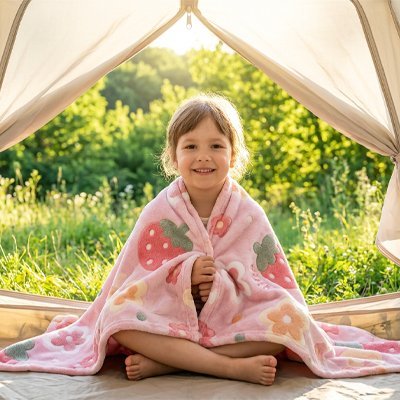 Couverture enfant rose motifs fraise