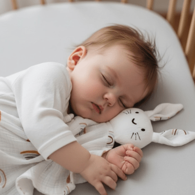 doudou lapin arc-en-ciel avec bébé