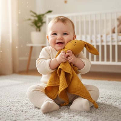 doudou lapin jaune avec bébé