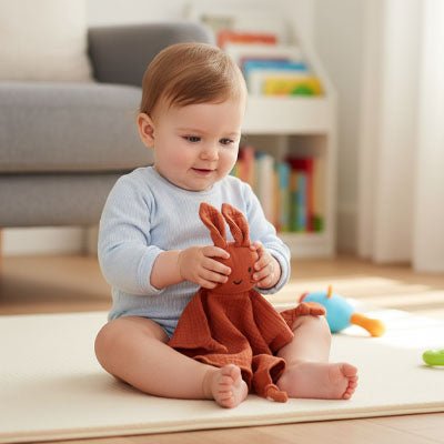 doudou lapin rouge avec bébé