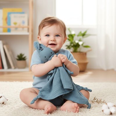 doudou lapin bleu gris avec bébé