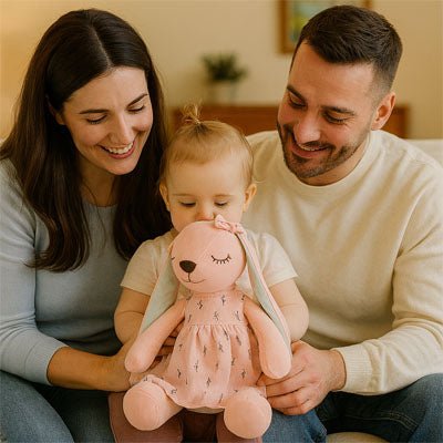 Doudou lapin rose et famille