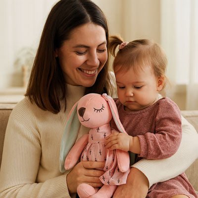 Doudou  lapin rose et petite fille