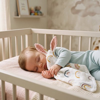 Doudou lapin oreilles de lapin à motif arc en ciel en coton naturel