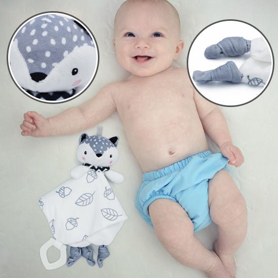 Doudou renard blanc gris et bébé