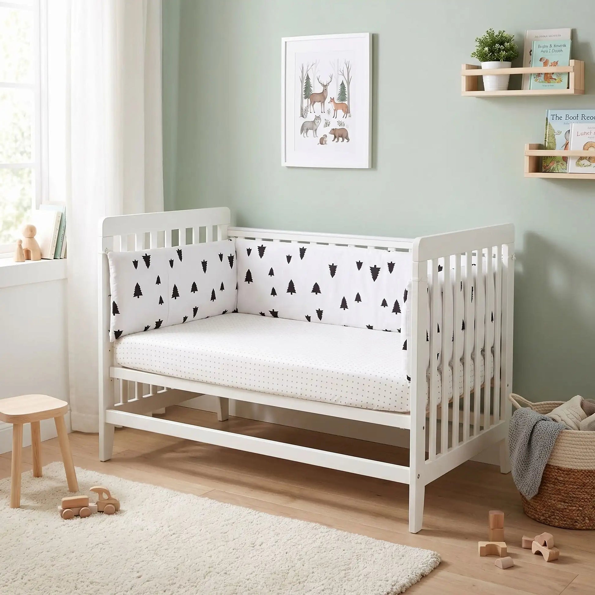 Tour de lit bébé | Blanc avec sapins noirs - Pare - chocs une pièce 200 cm x 30 cm - L'Univers de Babychou