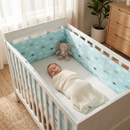 Tour de lit bébé | Bleu avec nuages - Pare - chocs une pièce 200 cm x 30 cm - L'Univers de Babychou