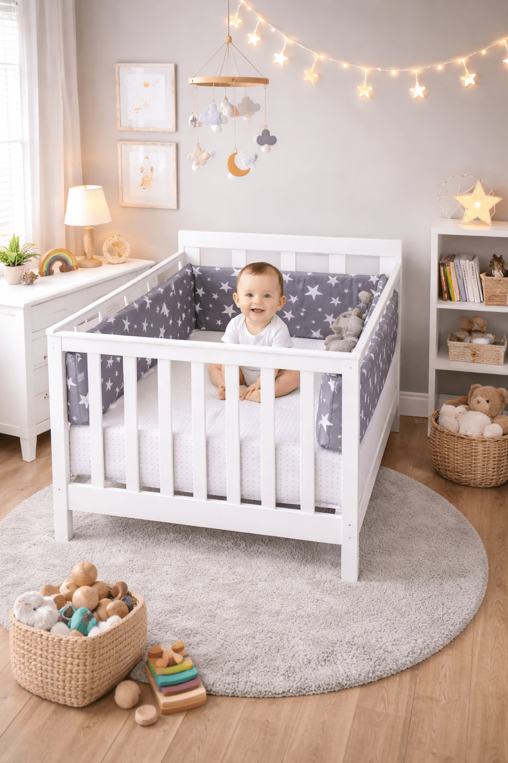 Tour de lit bébé | Gris avec étoiles blanches - Pare - chocs une pièce 200 cm x 30 cm - L'Univers de Babychou