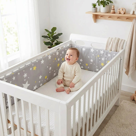 Tour de lit bébé | Gris avec étoiles - Pare - chocs une pièce 200 cm x 30 cm - L'Univers de Babychou