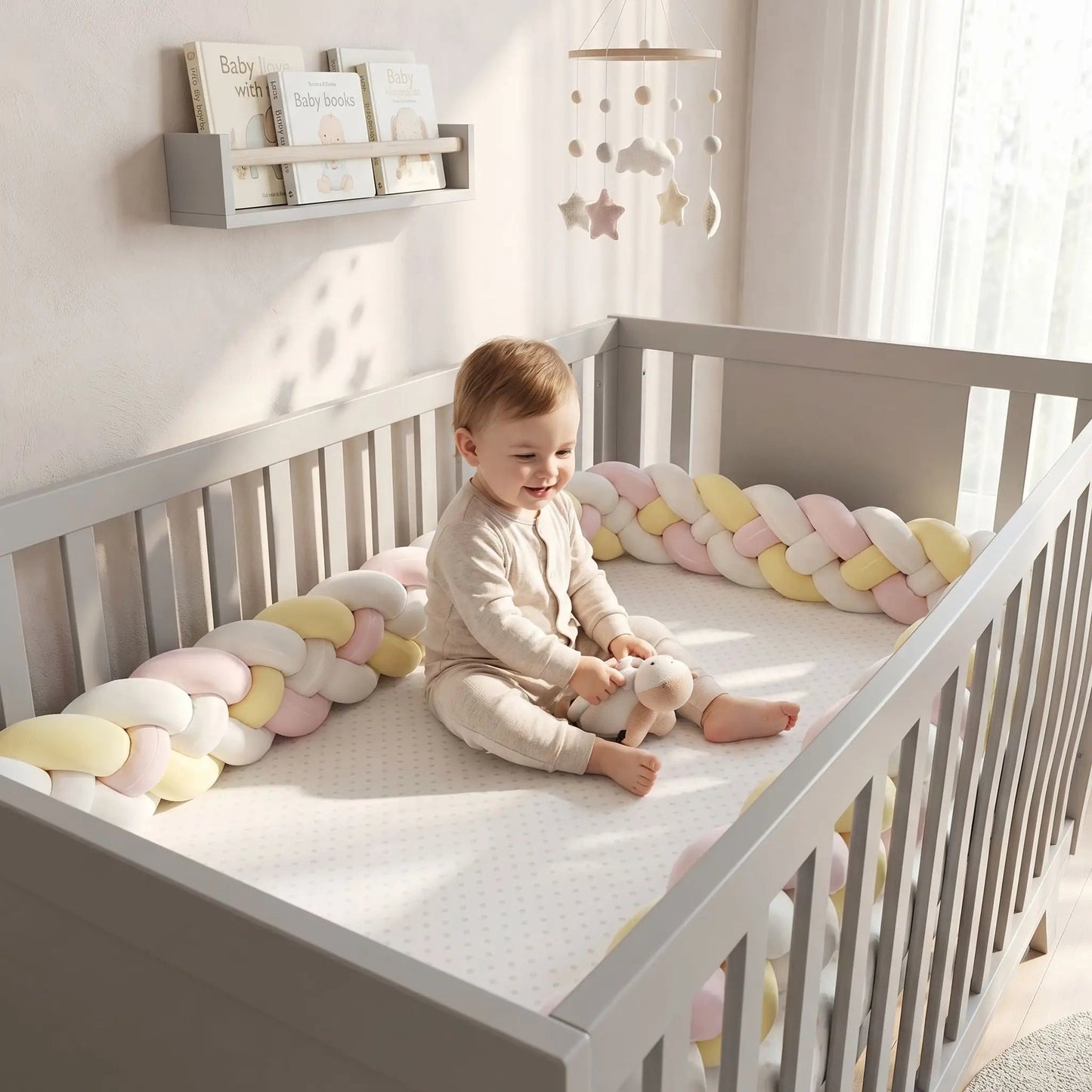 Tresse de lit blanche, jaune & rose | Pare - chocs de lit - L'Univers de Babychou