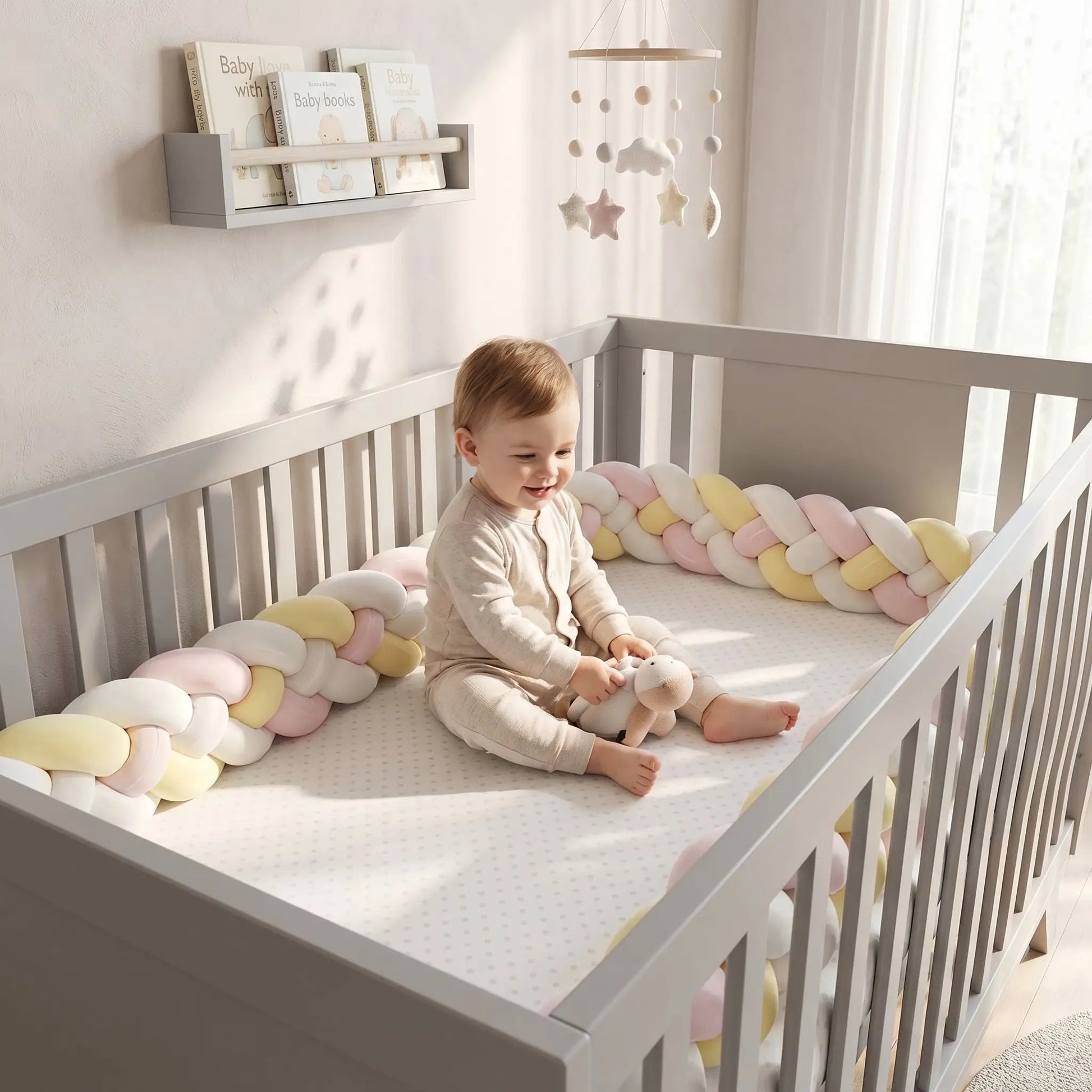 Tresse de lit blanche, jaune & rose | Pare - chocs de lit - L'Univers de Babychou