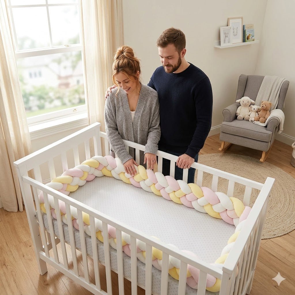 Tresse de lit blanche, jaune & rose | Pare - chocs de lit - L'Univers de Babychou