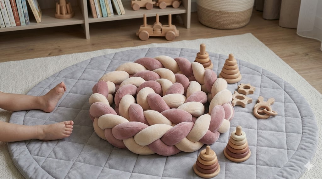 tresse de lit enroulée rose et beige