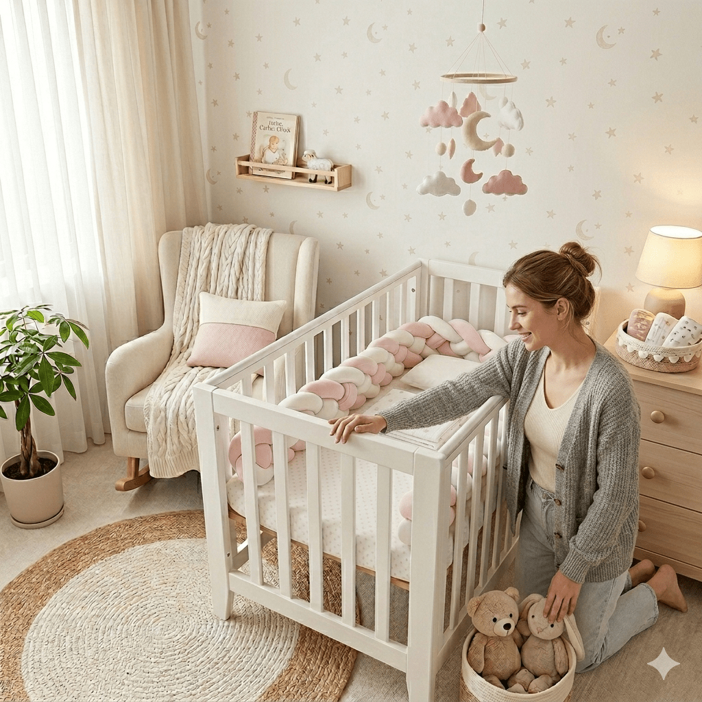 Tresse de lit rose & blanche | Pare - chocs de lit chambre d'enfant